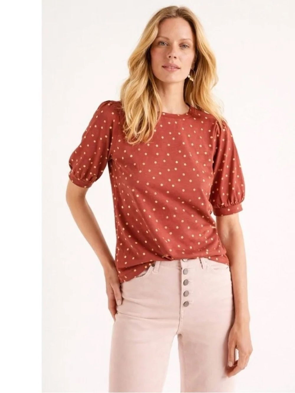 Boden Rust Polka Dot Puff Sleeve Tee